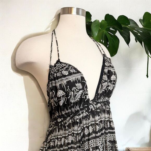 Free People Black Maxi Dress Brown Triangle Combo Boho Elephant Medium - Picture 2 of 4